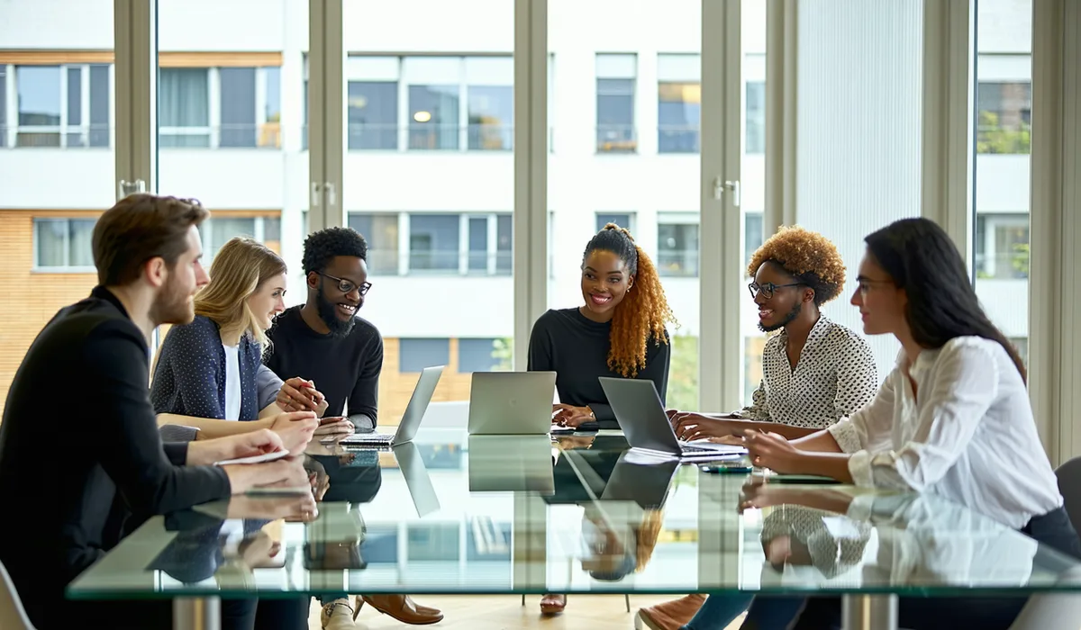 Pensvyne team collaborating in a bright modern office, reflecting diverse European backgrounds and the cross-border nature of the company's mission