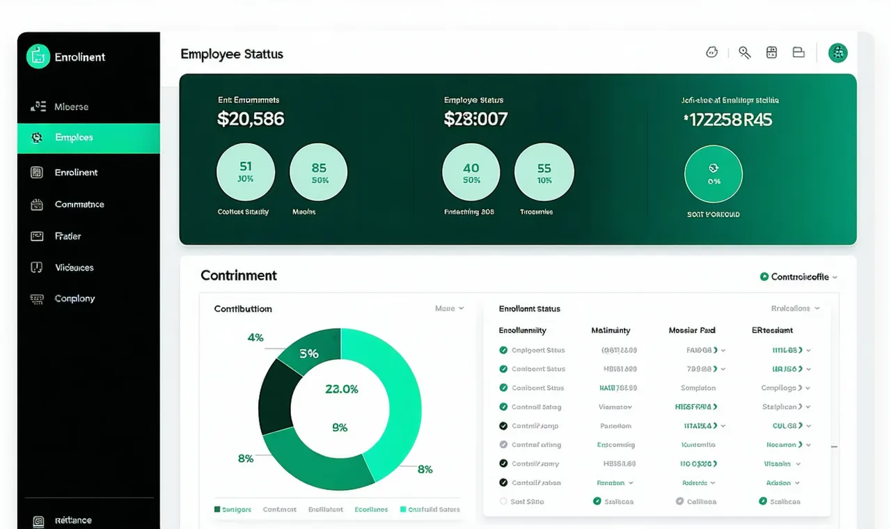 Pensvyne pension administration dashboard showing employee enrolment status, contribution breakdown by country, and upcoming statutory report deadlines