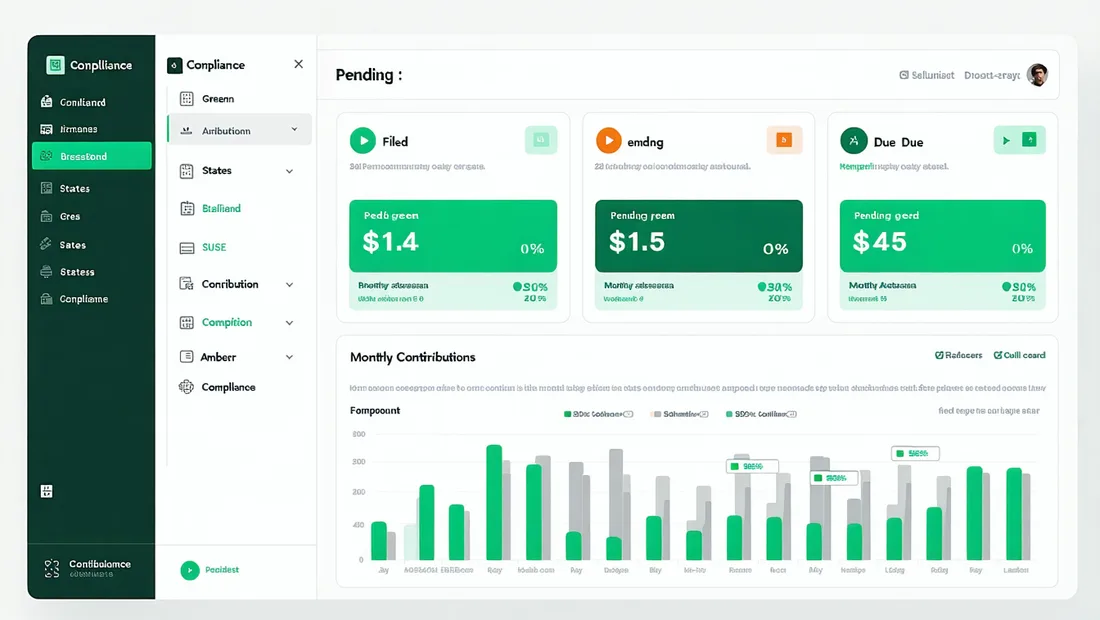 Pension compliance reporting dashboard showing statutory report generation interface with filing status indicators