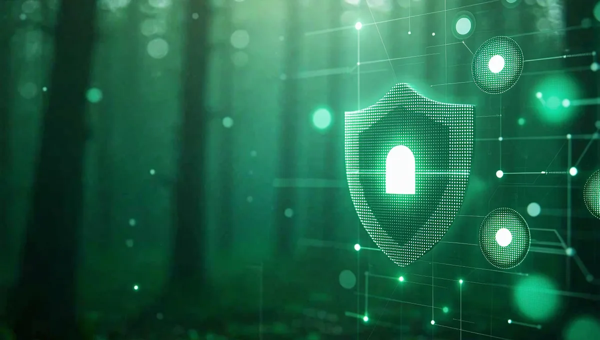 Abstract representation of data security architecture with layered encryption and access controls protecting European pension data